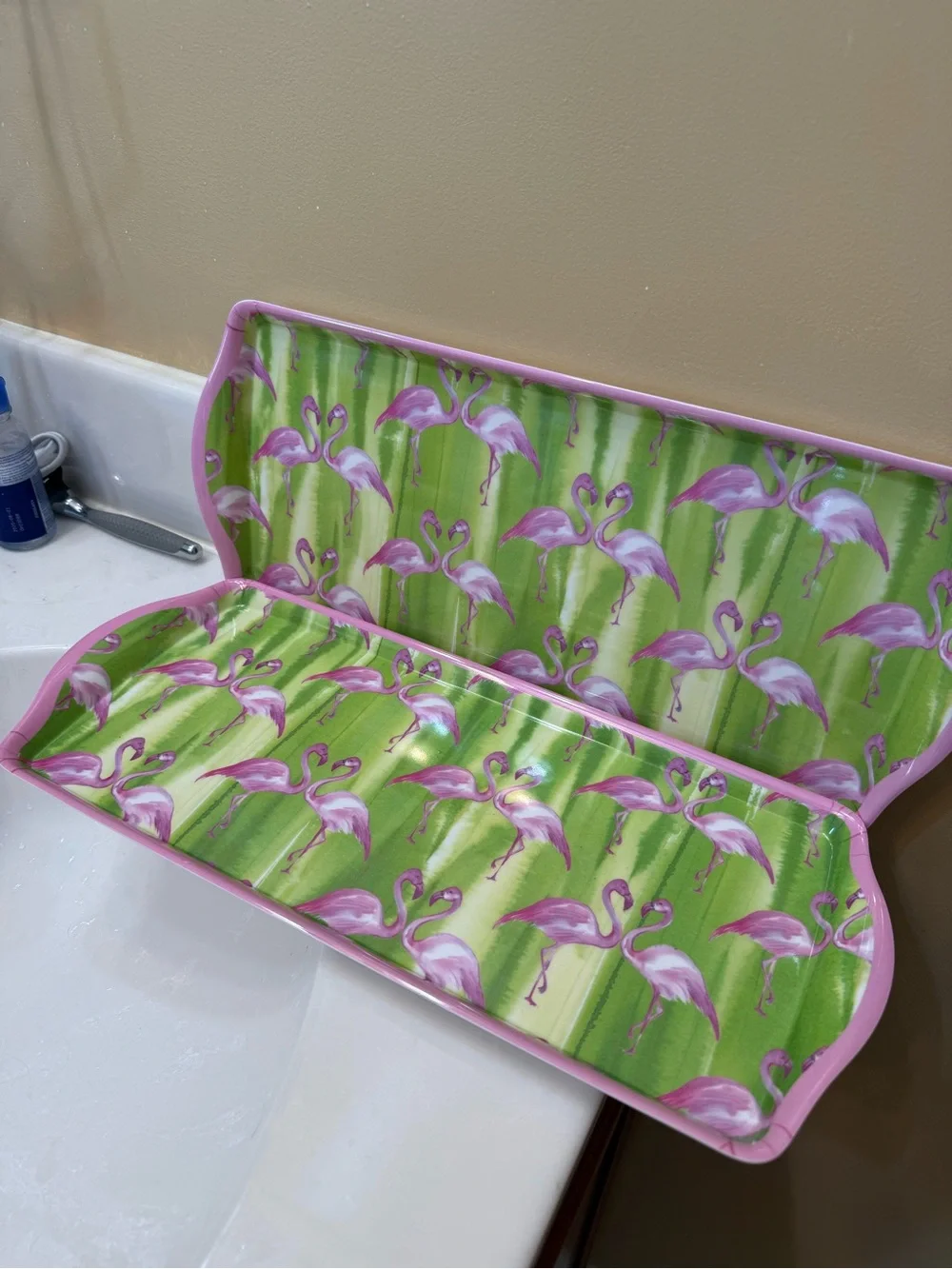 Cynthia Rowley Pink Flamingo Bath Caddy Tray - Pink & Green set of 2